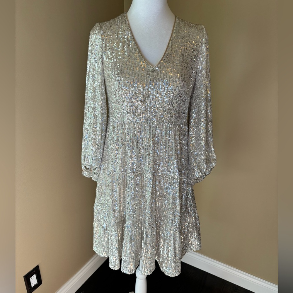 Sequin Sparkle Champagne Cocktail Party Dress